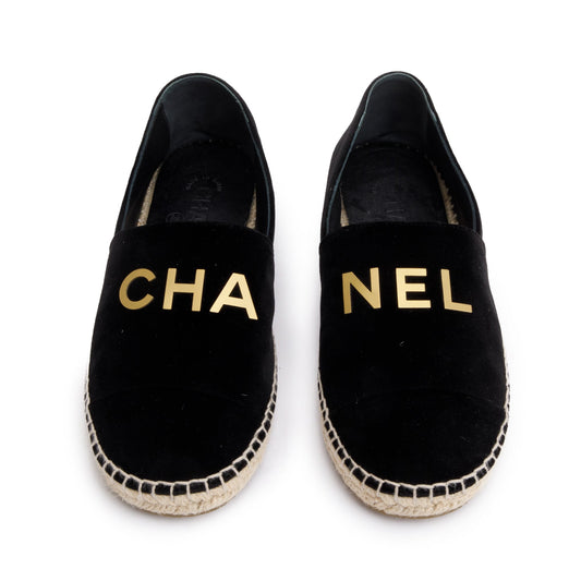 Chanel Black Velvet Graphic Logo Espadrilles, Size 38