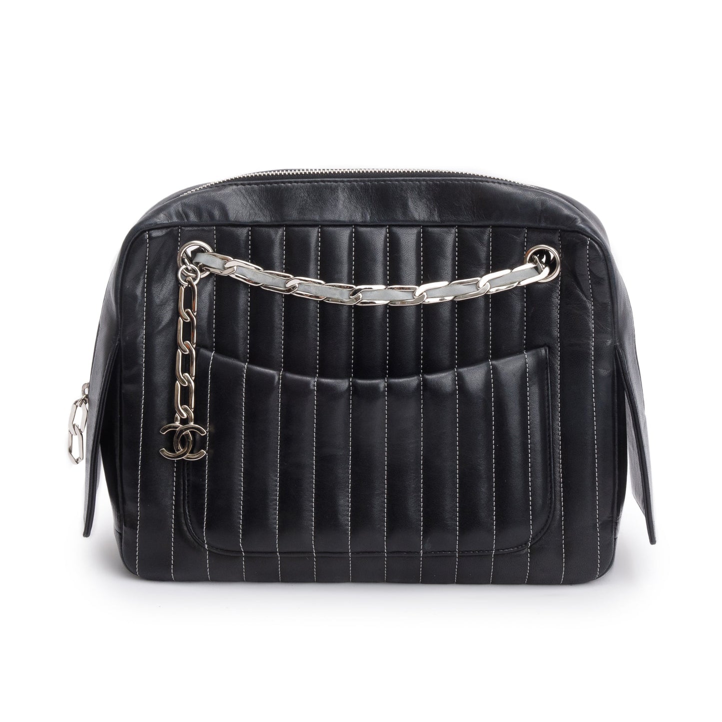 Chanel Black Vertical Quilt Lambskin Leather Mademoiselle Bowling Bag