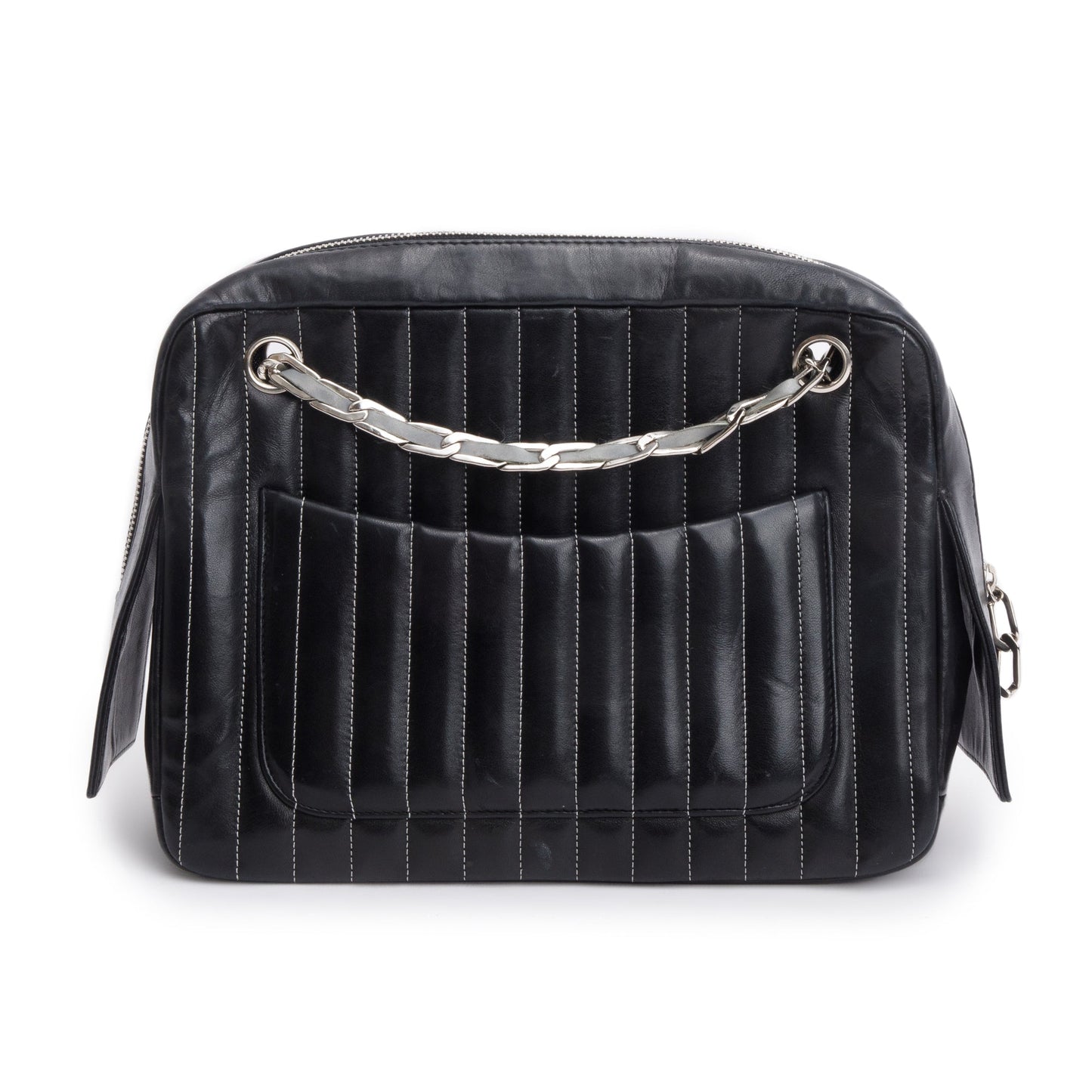 Chanel Black Vertical Quilt Lambskin Leather Mademoiselle Bowling Bag