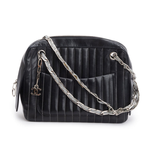 Chanel Black Vertical Quilt Lambskin Leather Mademoiselle Bowling Bag
