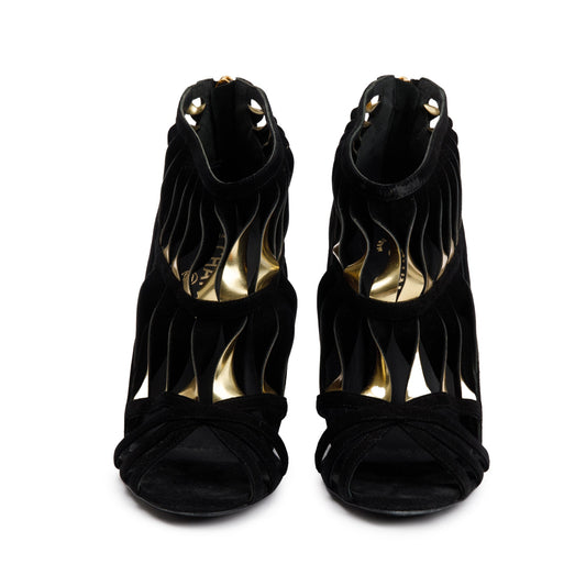 Chanel Black/Gold Suede Leather CC Strappy Wedge Sandals, Size 39