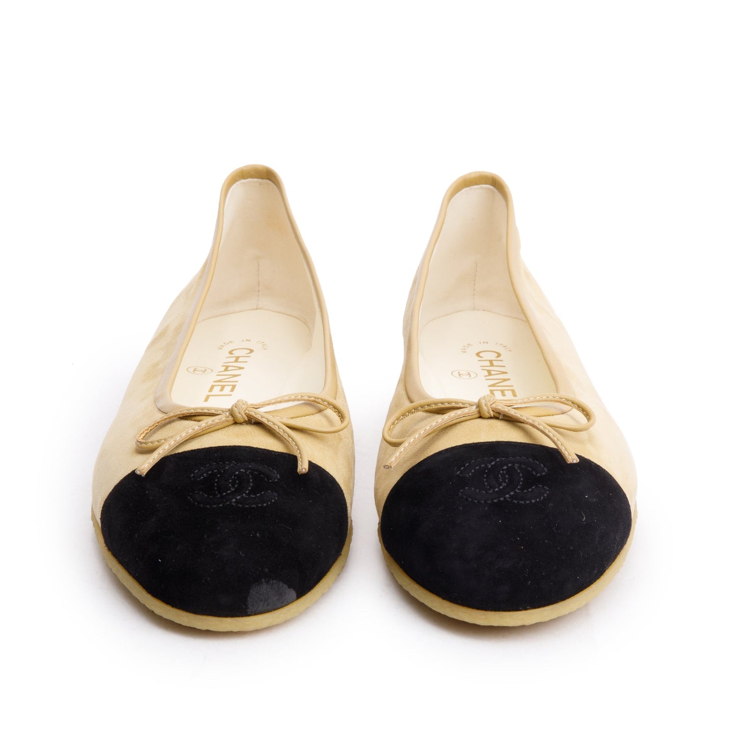 Chanel Black/Yellow Suede Kidskin Interlocking CC Logo Bow Flats, Size 40