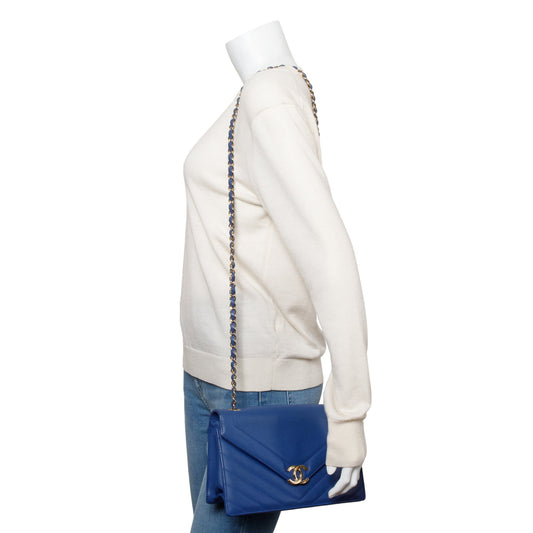 Chanel Blue Chevron Calfskin Leather Coco Envelope Flap Bag