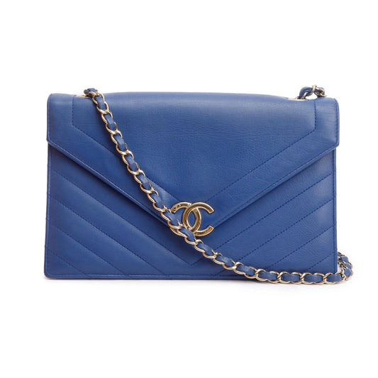 Chanel Blue Chevron Calfskin Leather Coco Envelope Flap Bag