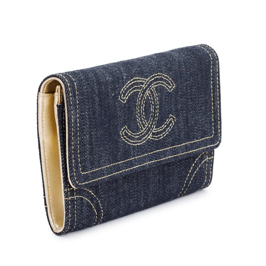 Chanel Blue Denim CC Gusset Flap Wallet
