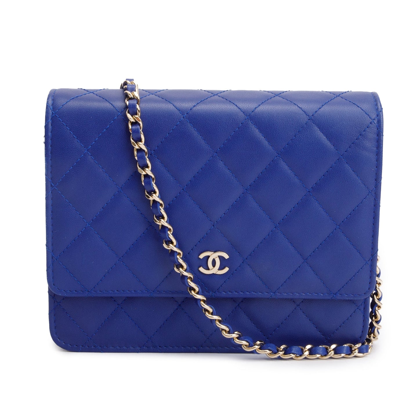 Chanel Blue Lambskin Quilted Square Wallet on Chain
