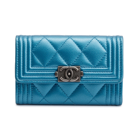 Chanel Blue Metallic Caviar Boy Flap Card Holder