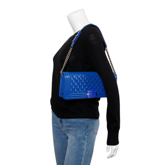Chanel Blue Quilted Patent Leather Plexiglass Boy Convertible Bag