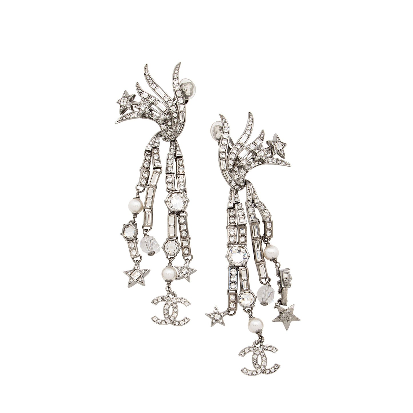 Chanel Crystal Faux Pearl CC Star Drop Clip On Earrings