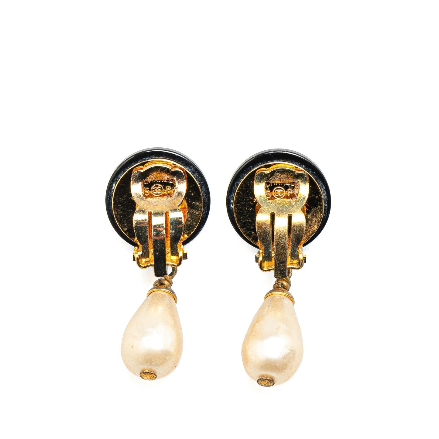 Chanel Gold Plated CC Faux Pearl Swing Clip On Earrings