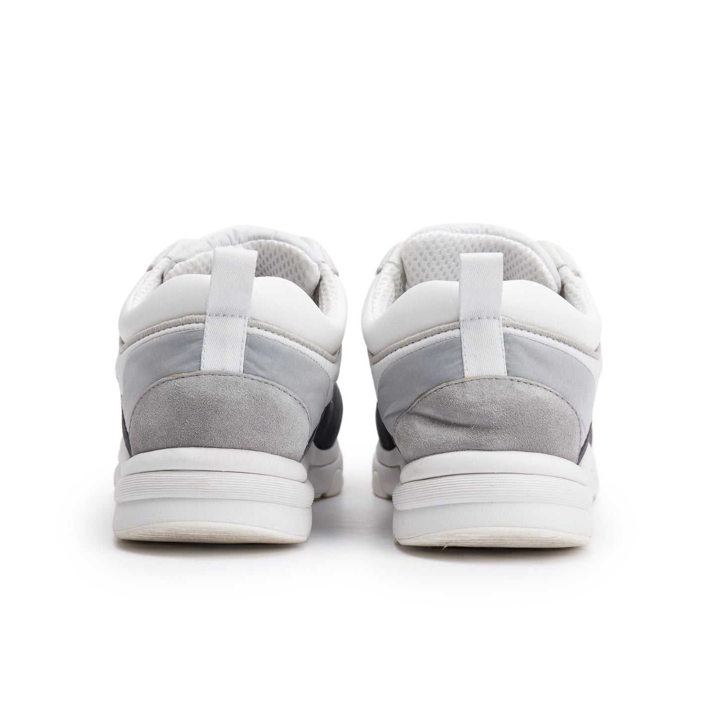 Chanel Grey/White Calfskin Nylon Suede CC Logo Sneakers, Size 37