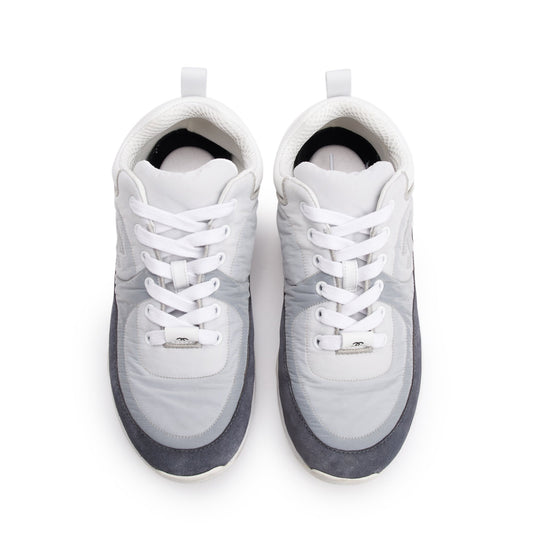 Chanel Grey/White Calfskin Nylon Suede CC Logo Sneakers, Size 37