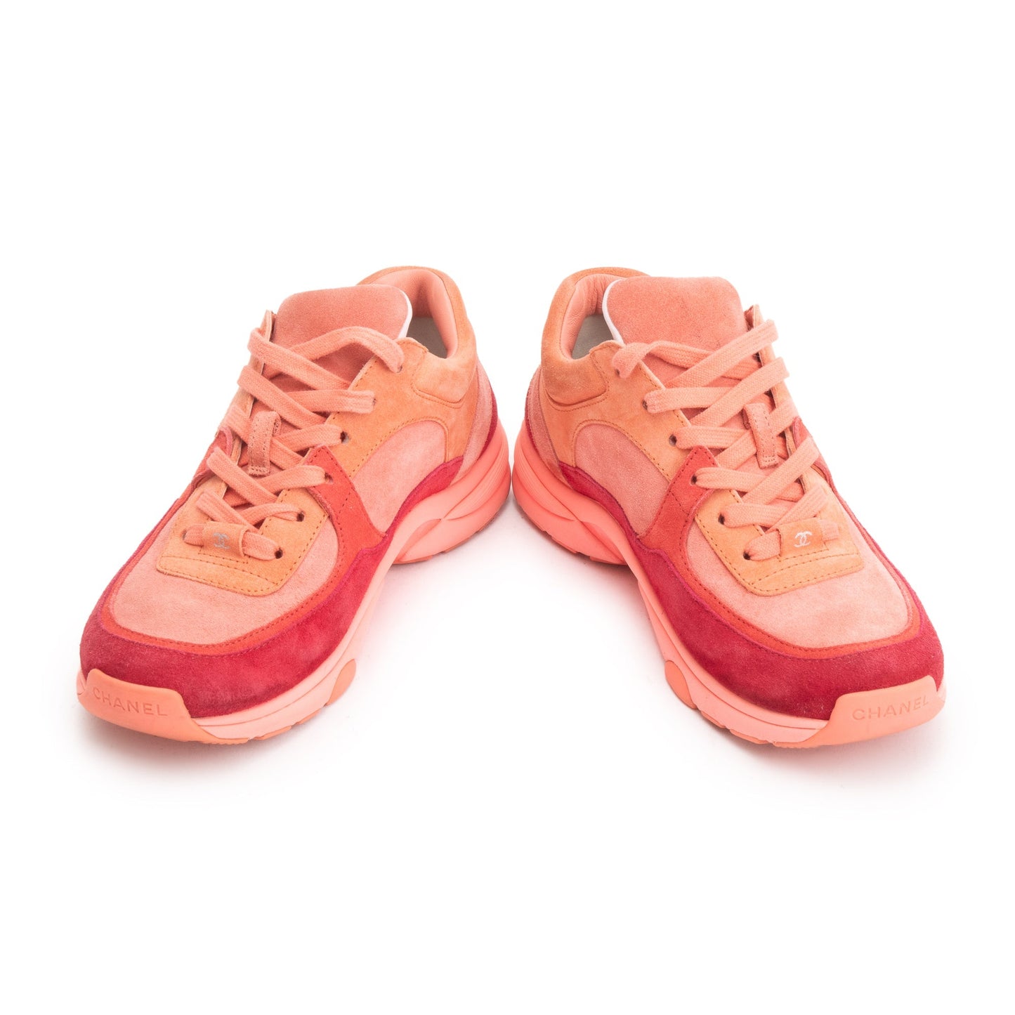 Chanel Pink/Red Suede CC Logo Sneakers, Size 38