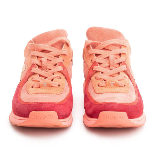 Chanel Pink/Red Suede CC Logo Sneakers, Size 38