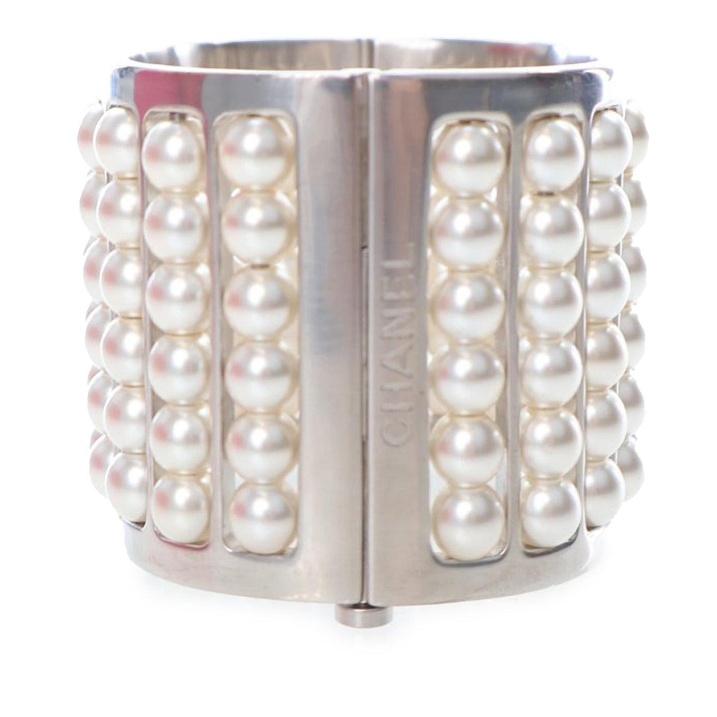 Chanel Silver Plated Wide Pearl Cuff Bracelet