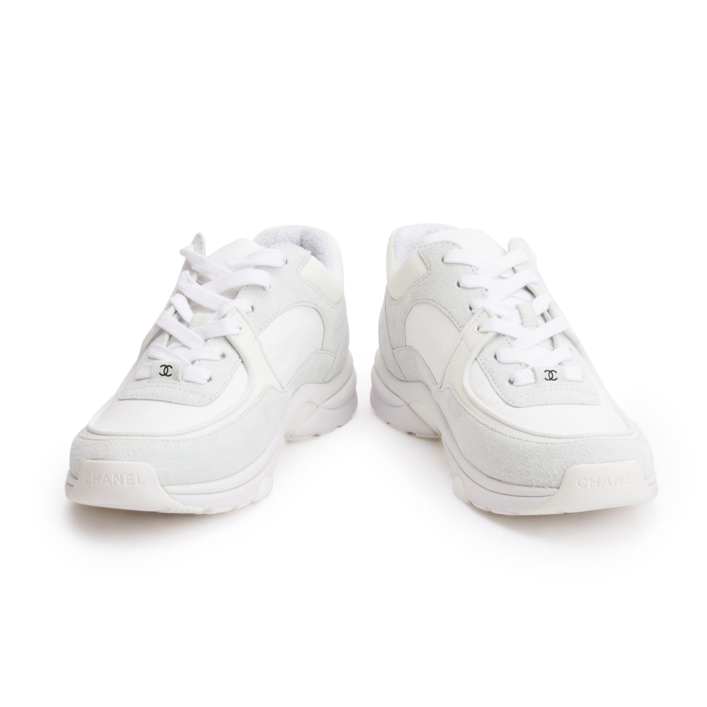 Chanel White Calfskin Nylon Suede CC Logo Sneakers, Size 37.5