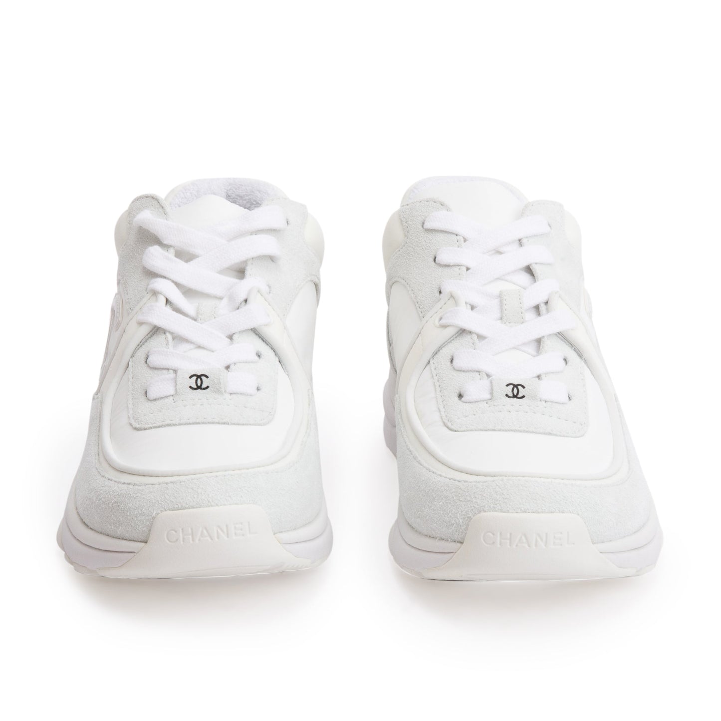 Chanel White Calfskin Nylon Suede CC Logo Sneakers, Size 37.5