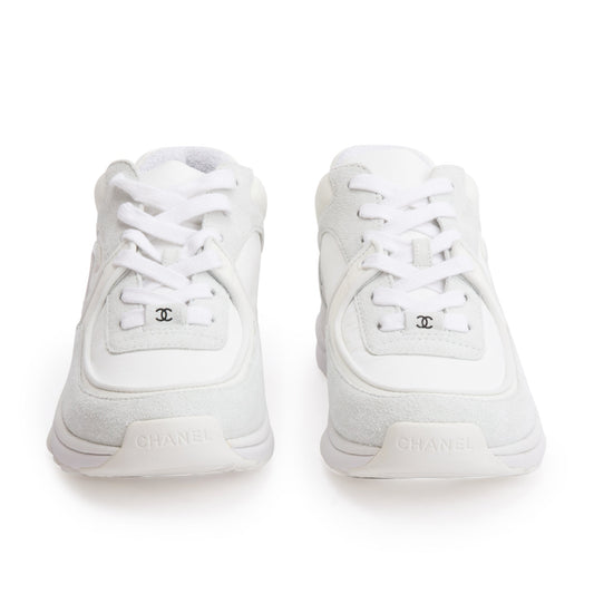 Chanel White Calfskin Nylon Suede CC Logo Sneakers, Size 37.5