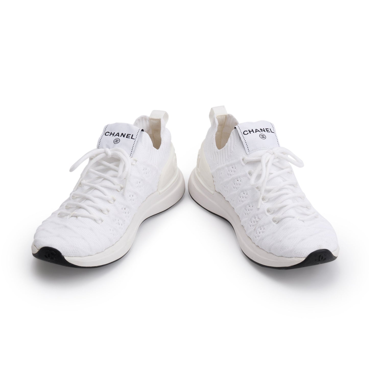 Chanel White Fabric Knit Sock Logo Sneakers, Size 37.5