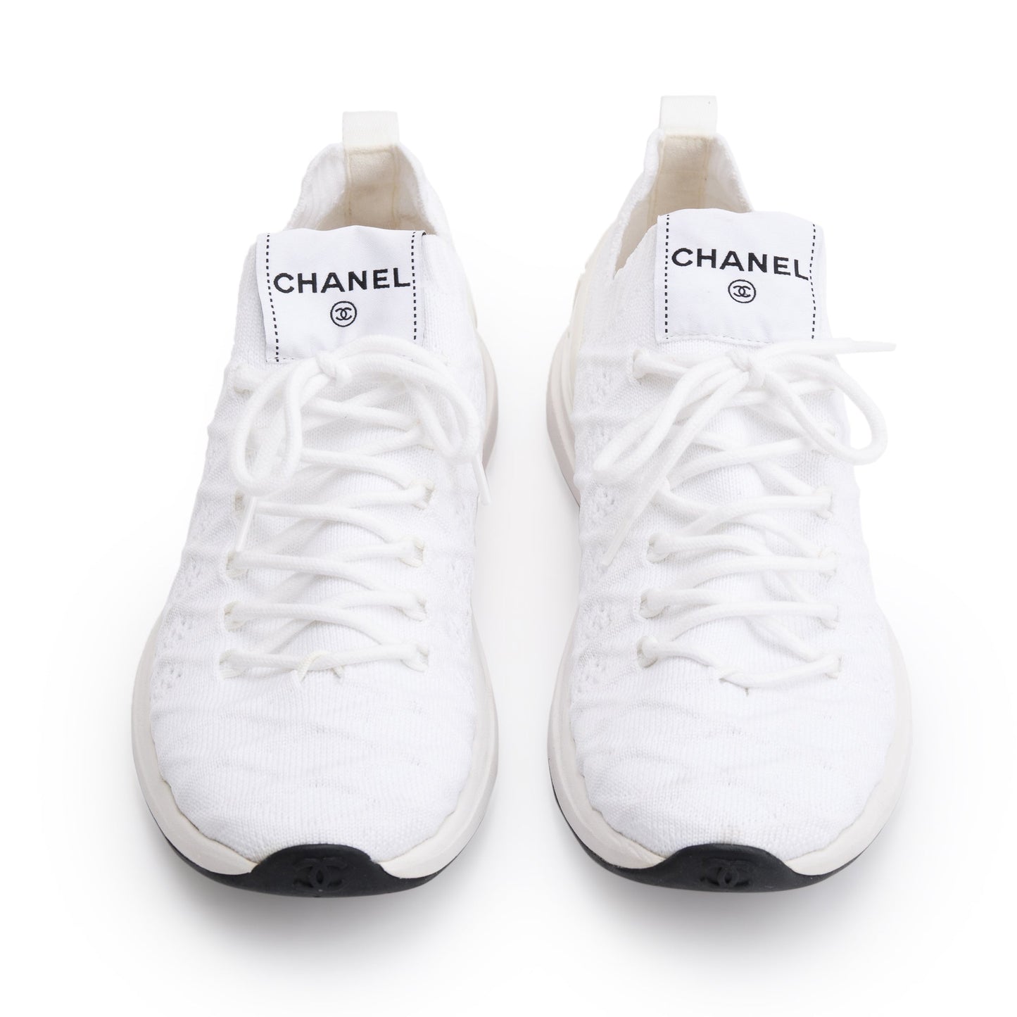 Chanel White Fabric Knit Sock Logo Sneakers, Size 37.5