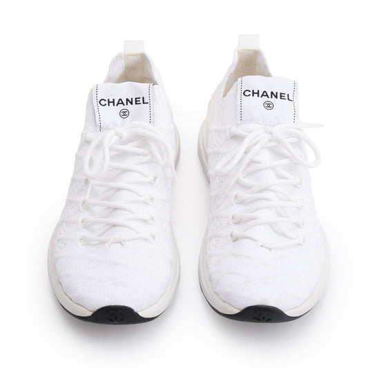 Chanel White Fabric Knit Sock Logo Sneakers, Size 37.5