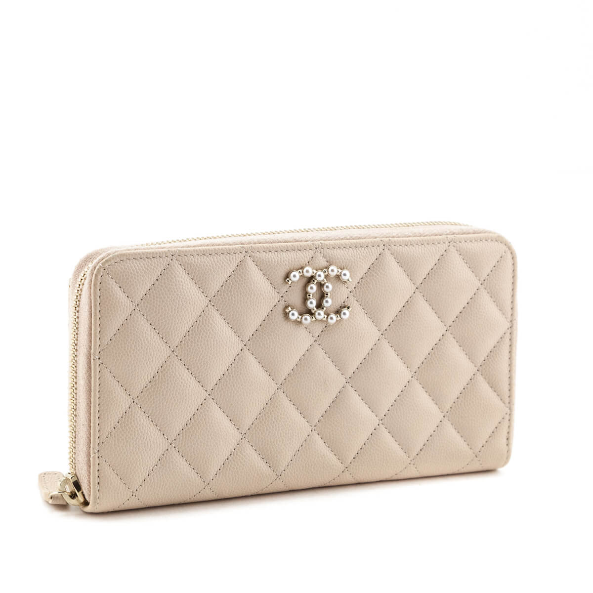 Chanel Beige Caviar Quilted CC Large Zip Around Wallet
