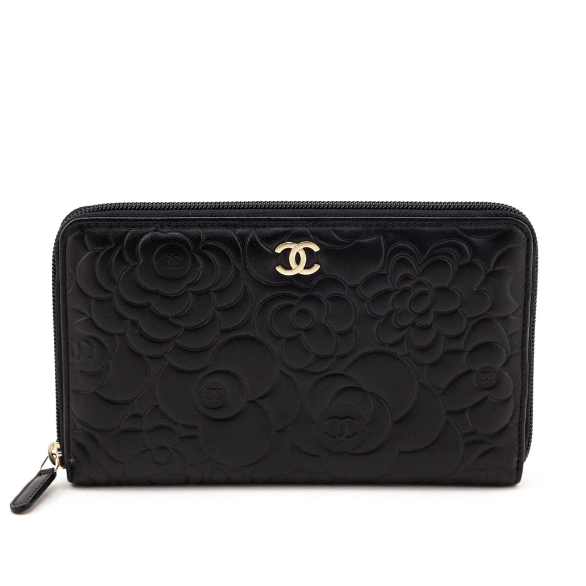 Chanel Black Camellia Embossed Lambskin Long Zip Wallet