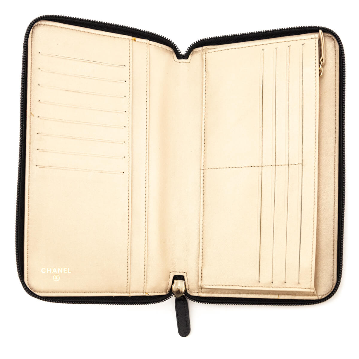 Chanel Black Camellia Embossed Lambskin Long Zip Wallet
