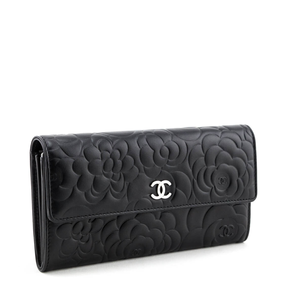 Chanel Black Camellia Embossed Long Flap Wallet