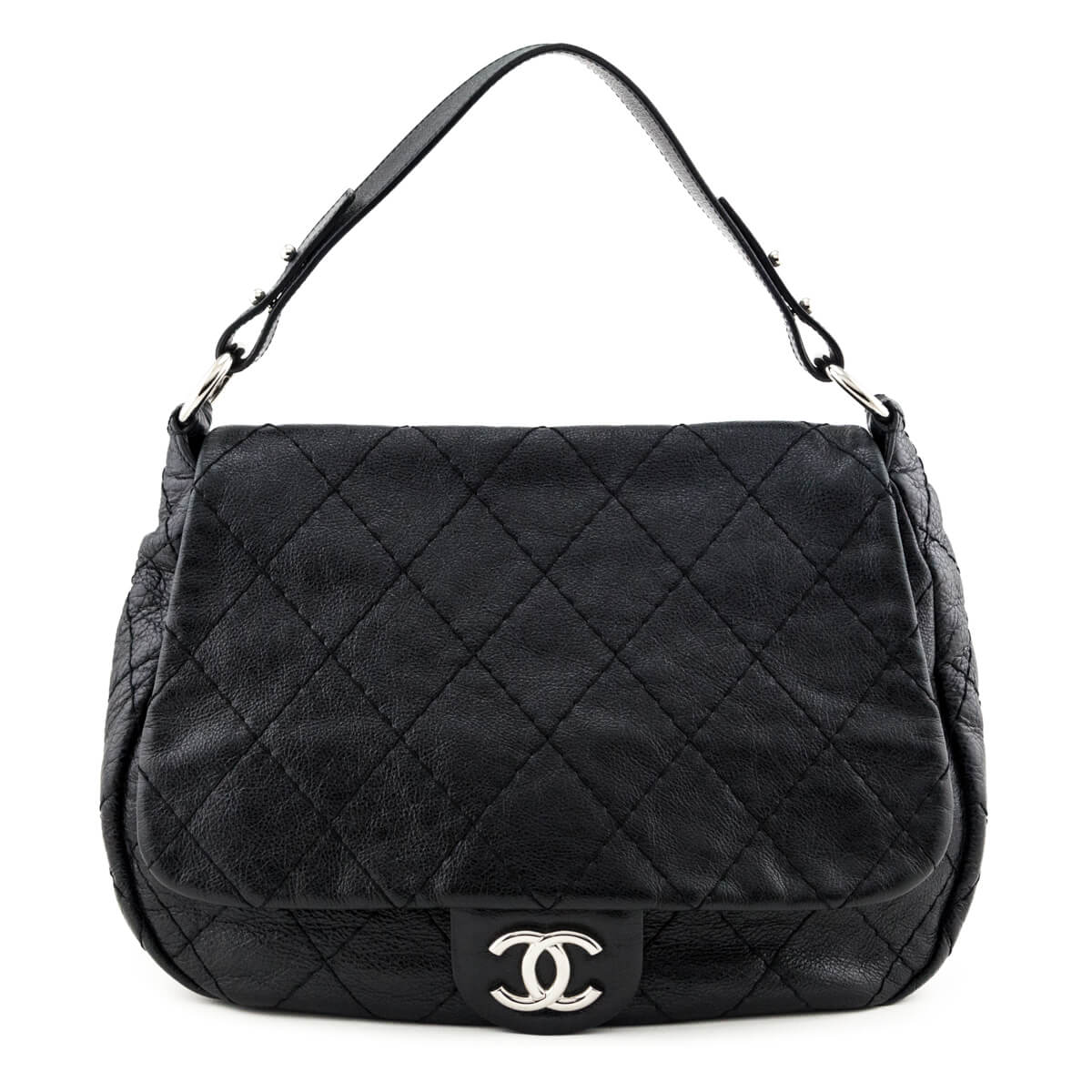 Chanel Black Glazed Calfskin Stitched XL On The Road Flap