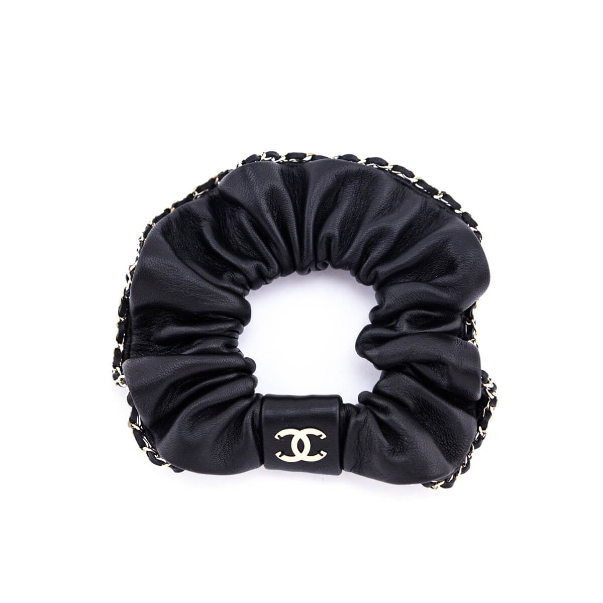 Chanel Black Leather & Chain CC Scrunchie