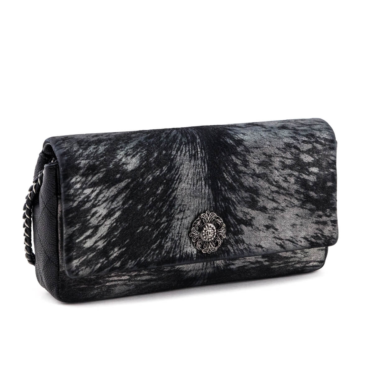 Chanel Black & Silver Metallic Velvet & Quilted Caviar Flap Bag