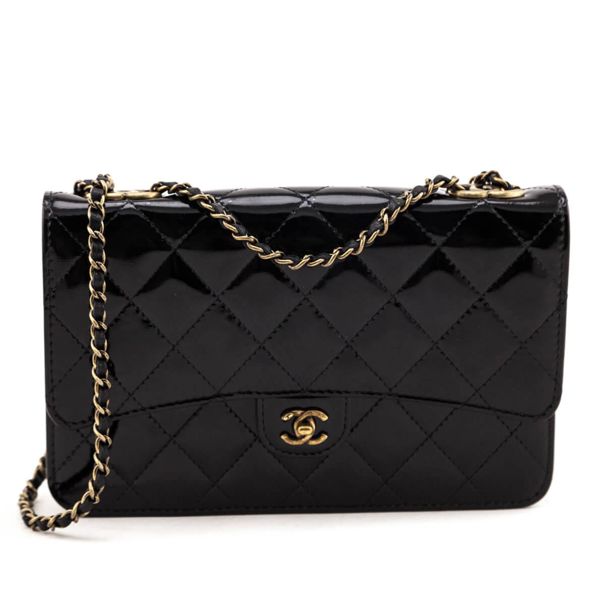 Chanel Black Patent Quilted CC Eyelet Wallet on Chain
