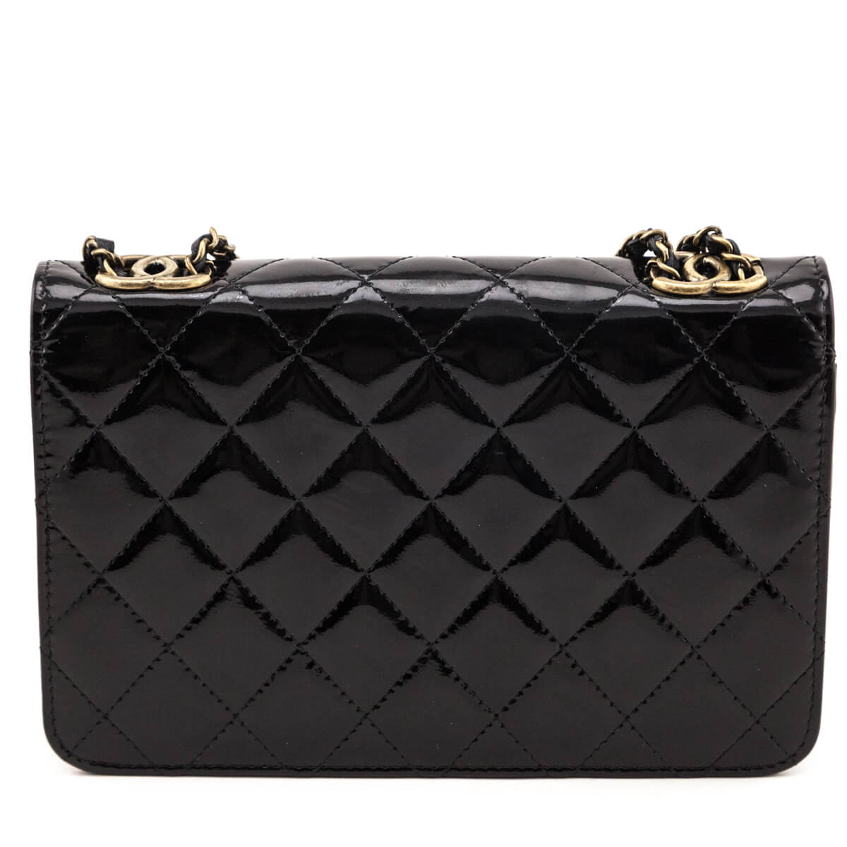 Chanel Black Patent Quilted CC Eyelet Wallet on Chain