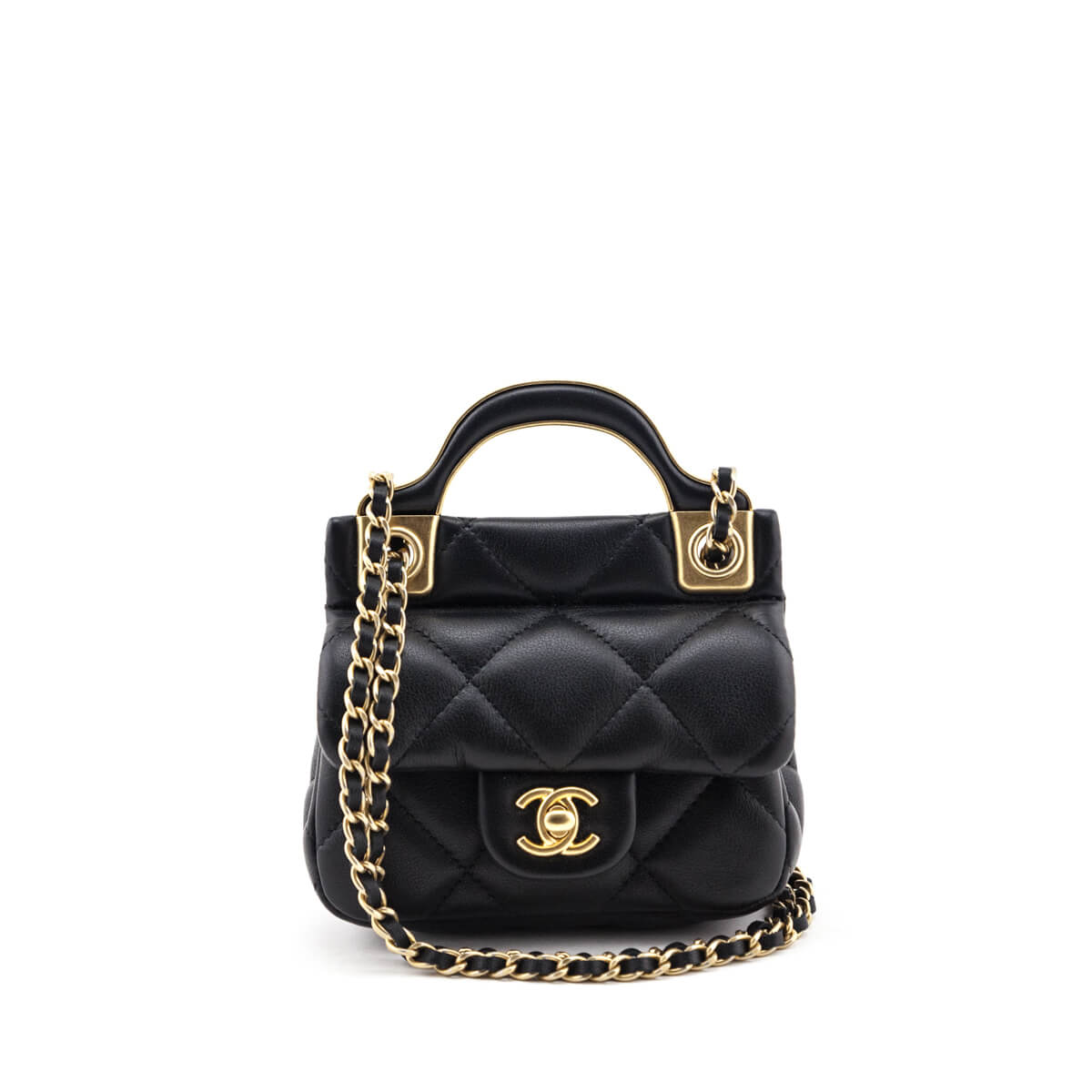 Chanel Black Quilted Calfskin Lady Handle Flap Card Holder With Chain
