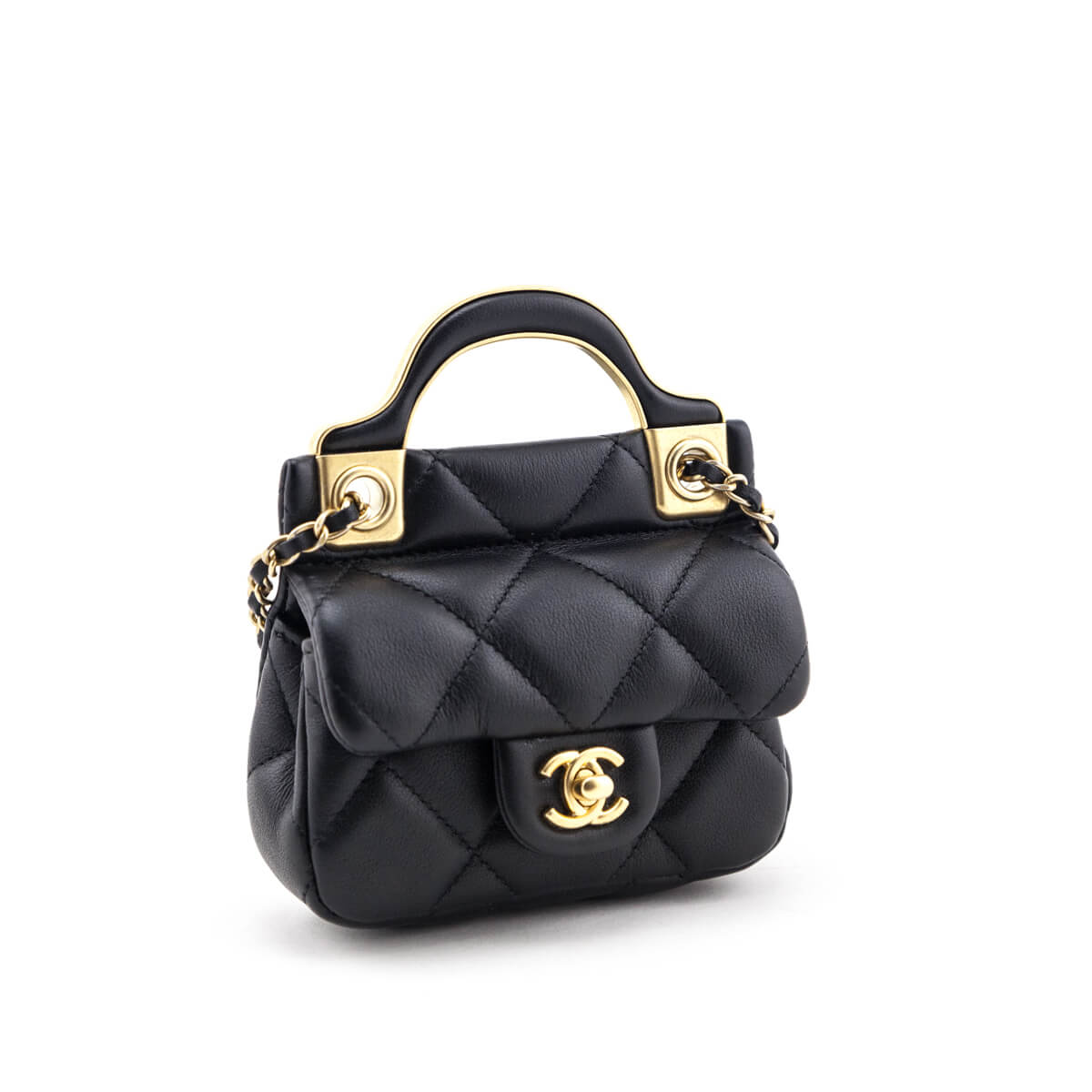 Chanel Black Quilted Calfskin Lady Handle Flap Card Holder With Chain