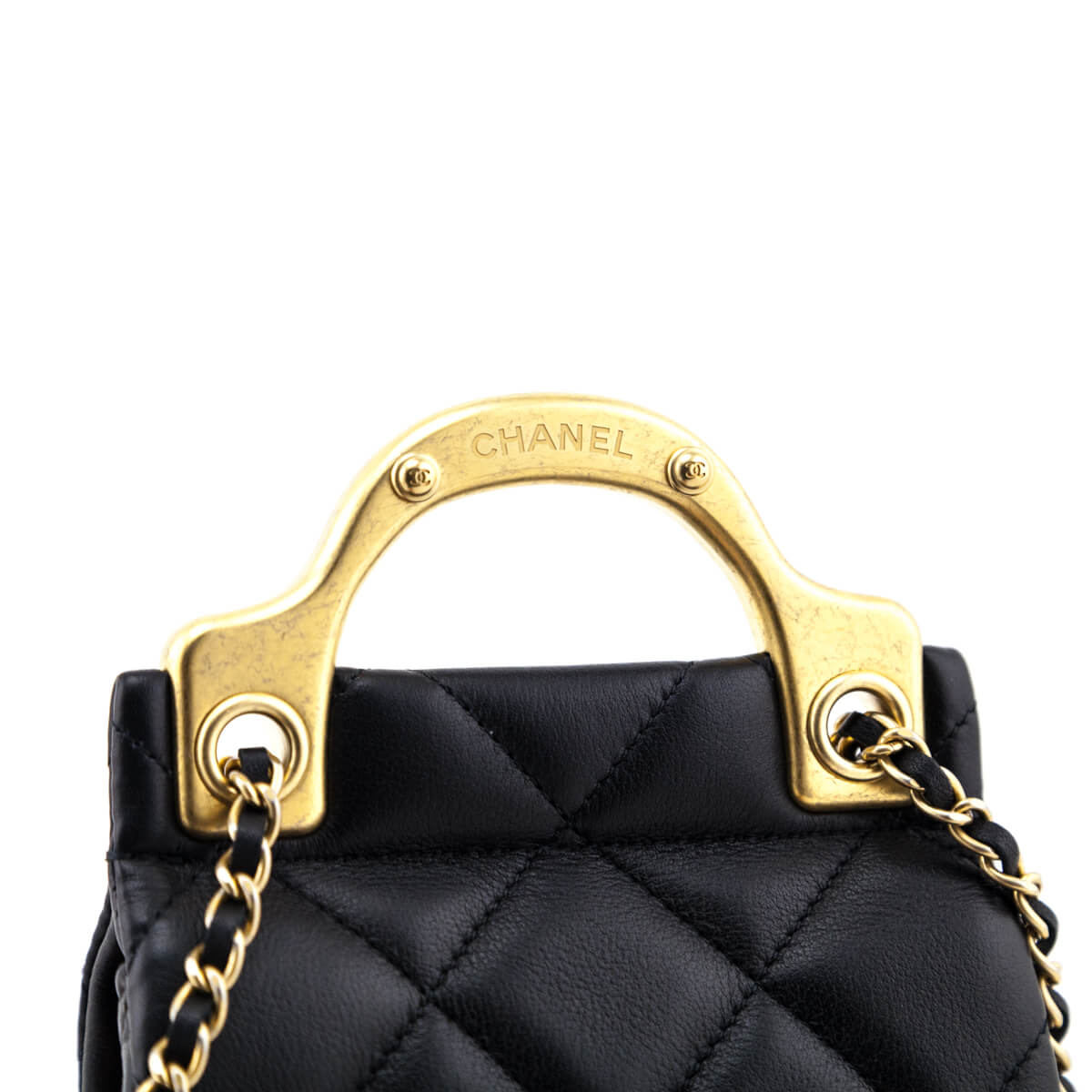 Chanel Black Quilted Calfskin Lady Handle Flap Card Holder With Chain