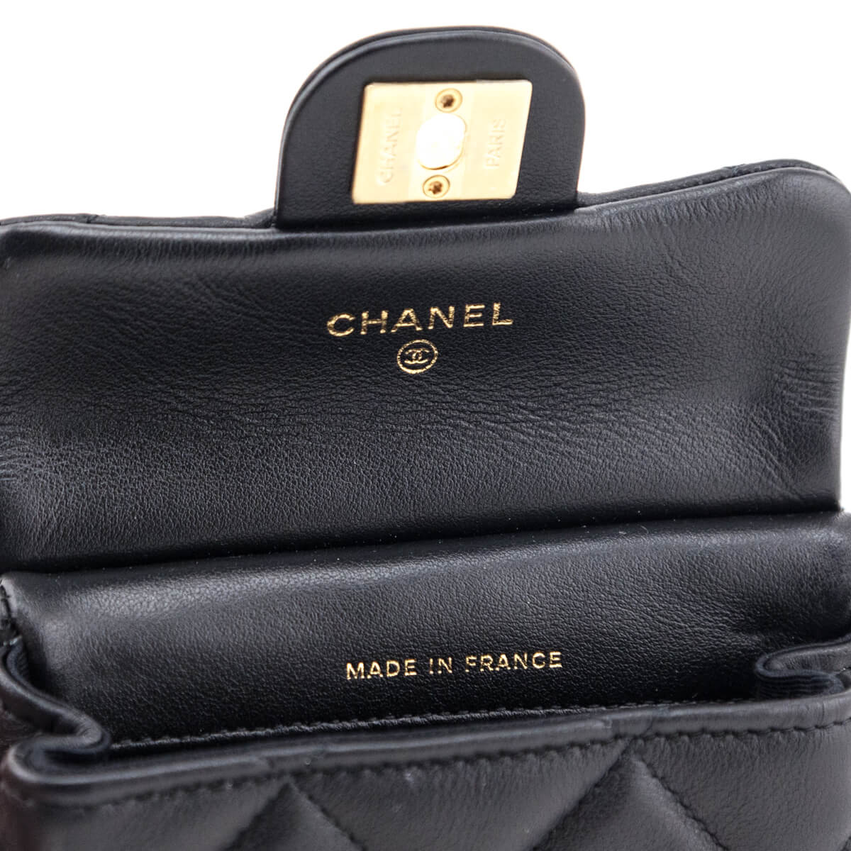 Chanel Black Quilted Calfskin Lady Handle Flap Card Holder With Chain
