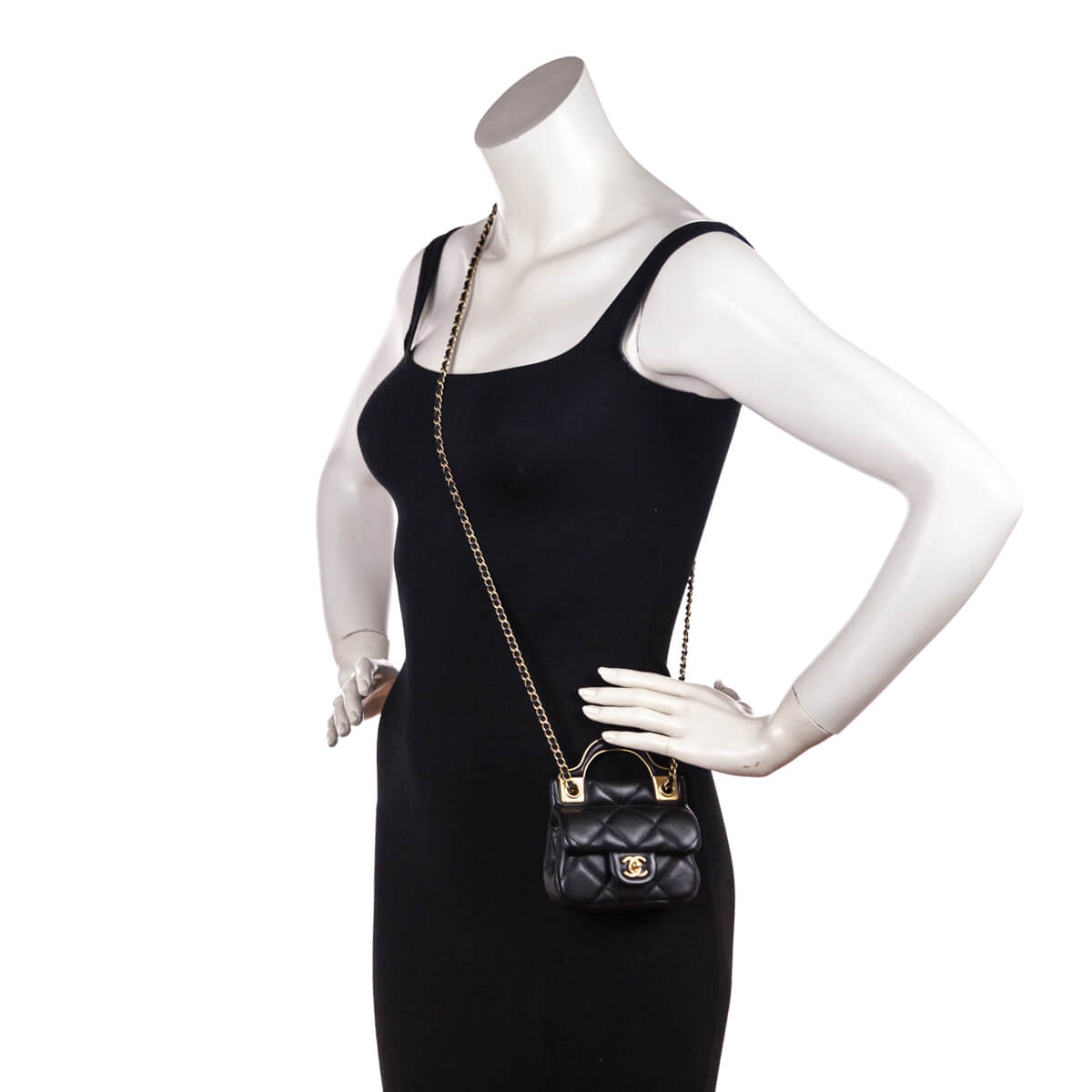 Chanel Black Quilted Calfskin Lady Handle Flap Card Holder With Chain