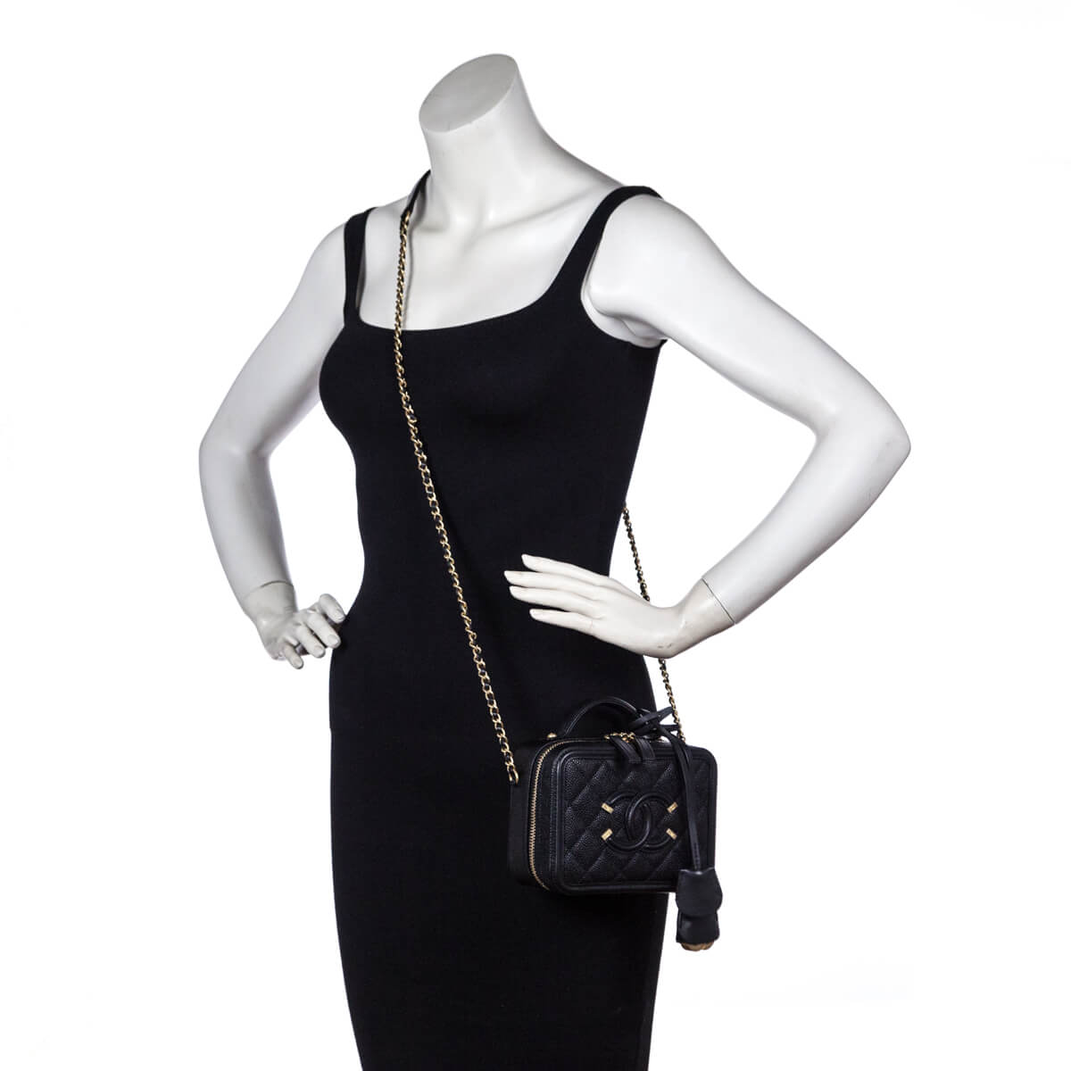 Chanel Black Quilted Caviar Small Filigree CC Vanity Case