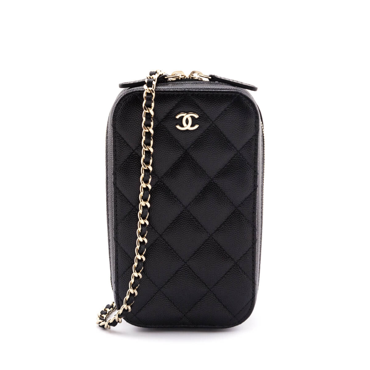 Chanel Black Quilted Caviar Zip Around Chain Phone Case