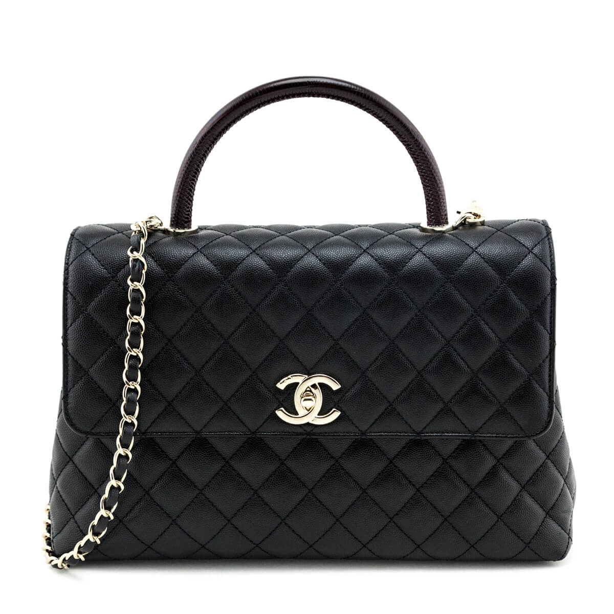 Chanel Black Quilted Caviar & Lizard Medium Coco Handle Flap Bag