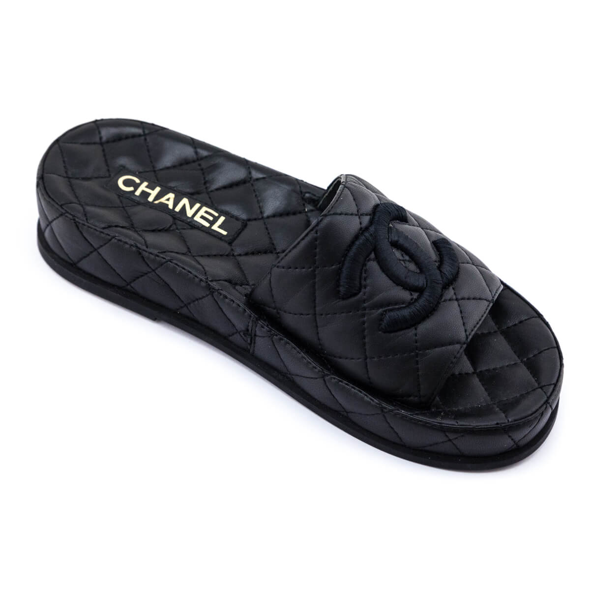 Chanel Black Quilted Lambskin CC Slides Size US 6 | EU 36