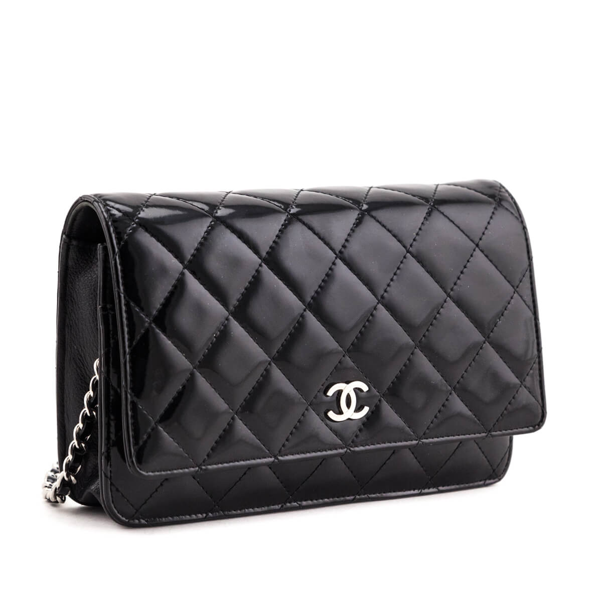 Chanel Black Quilted Patent Wallet On Chain