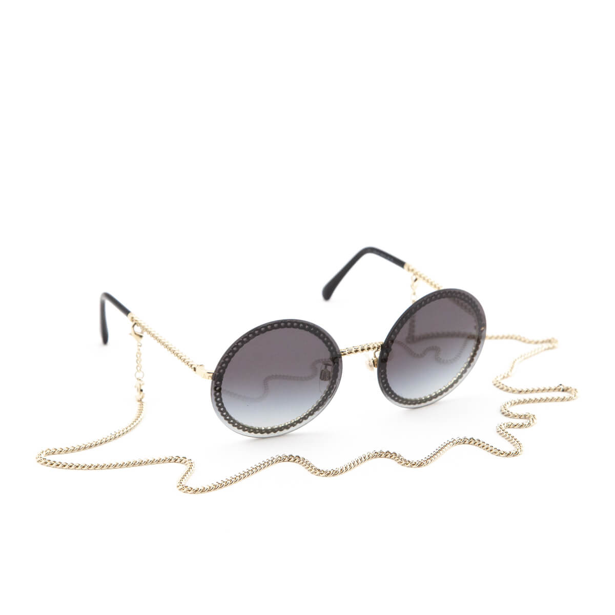 Chanel Black Round Chain-Link Accented Sunglasses with Chain