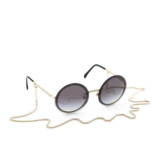 Chanel Black Round Chain-Link Accented Sunglasses with Chain