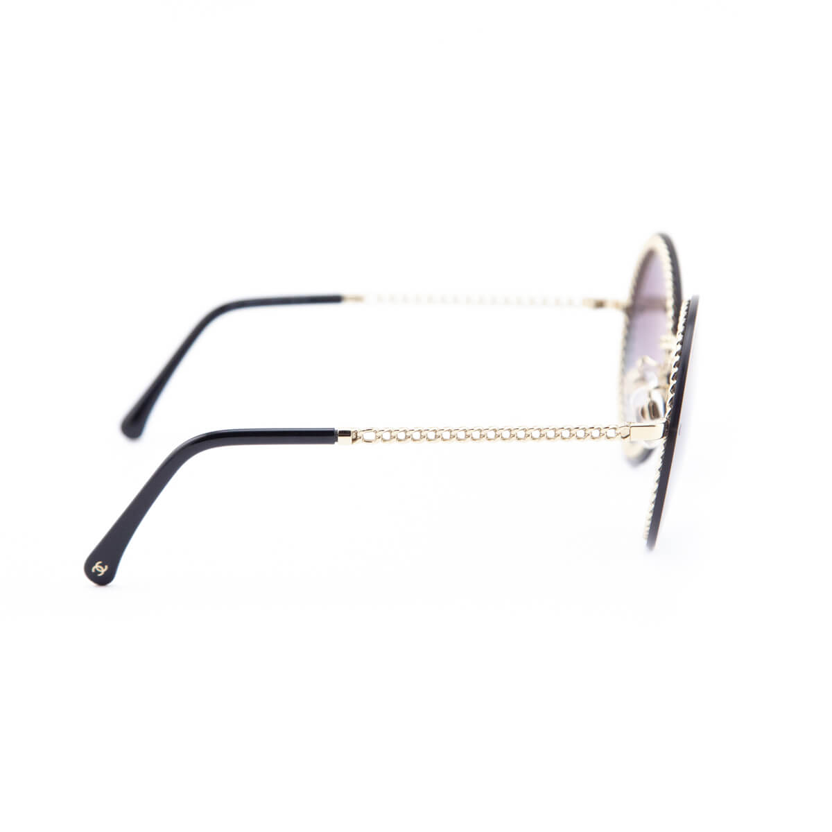Chanel Black Round Chain-Link Accented Sunglasses with Chain