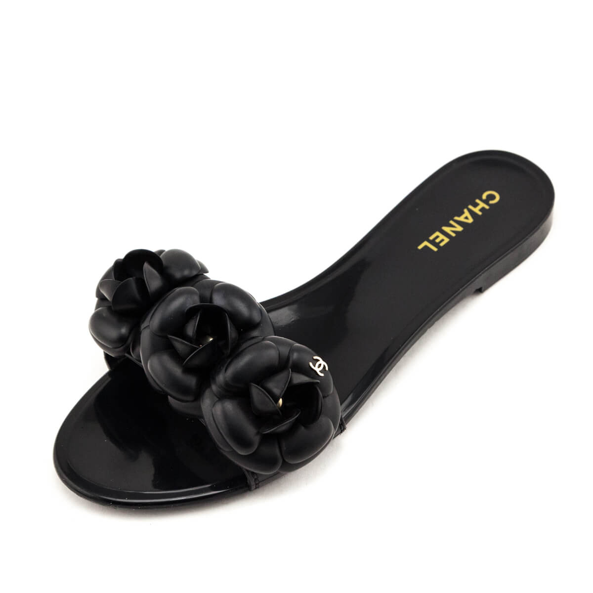 Chanel Black Rubber Camellia Slide Sandals Size US 10 | EU 40