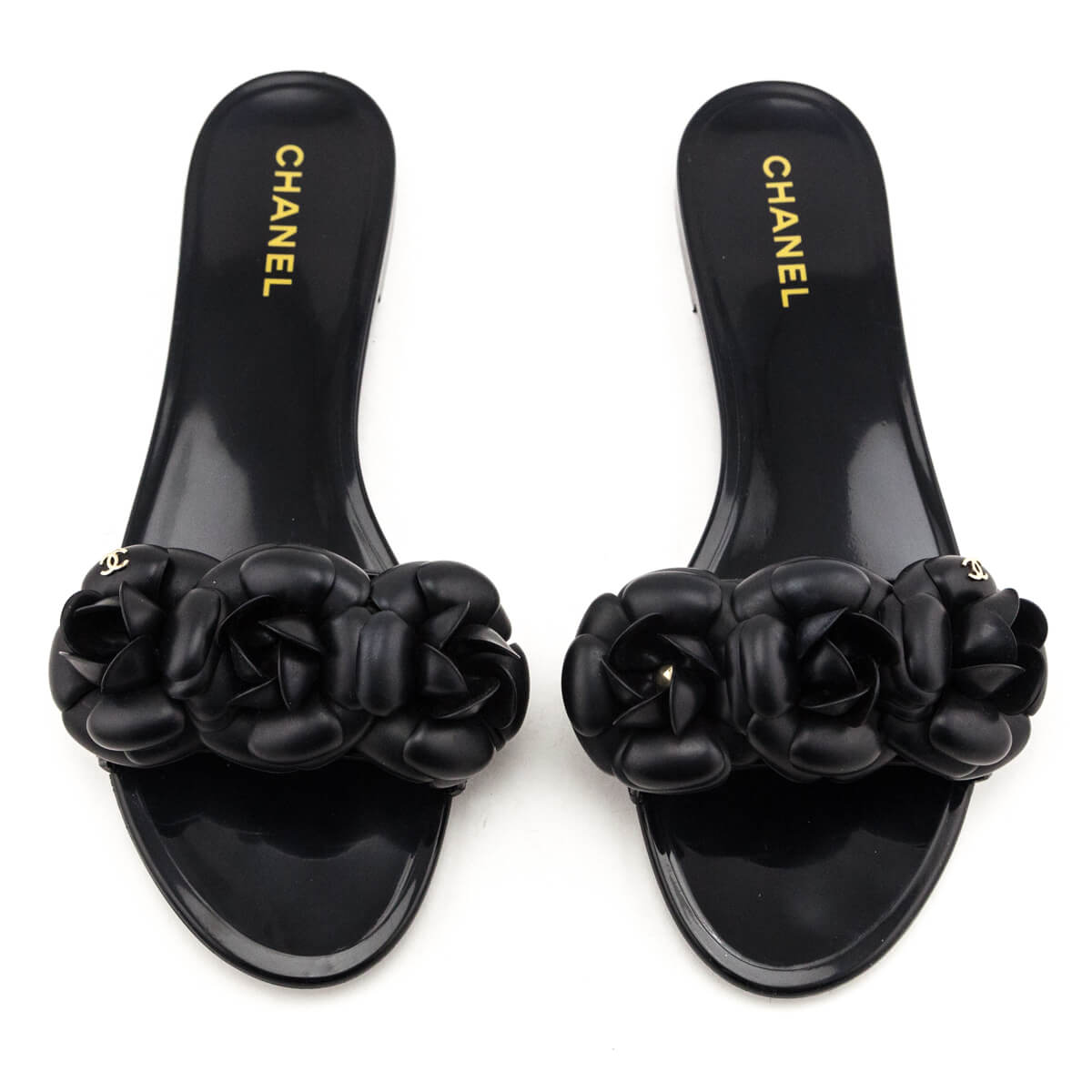 Chanel Black Rubber Camellia Slide Sandals Size US 10 | EU 40
