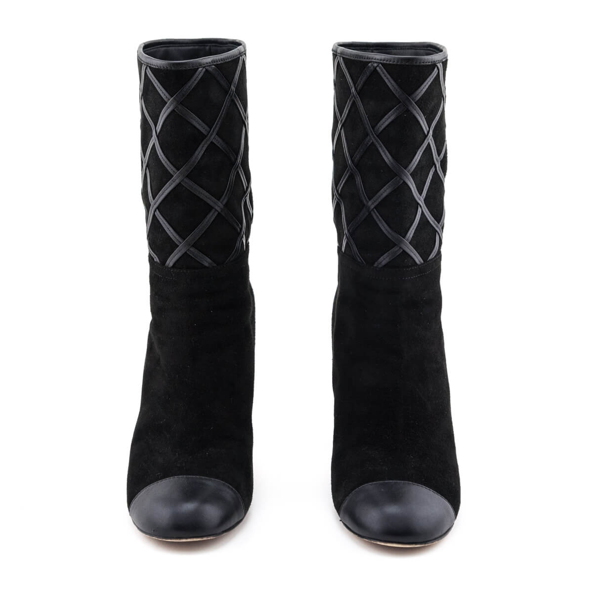 Chanel Black Suede & Leather Diamond Stitch Mid-Calf CC Boots Size US 8.5 | EU 38.5